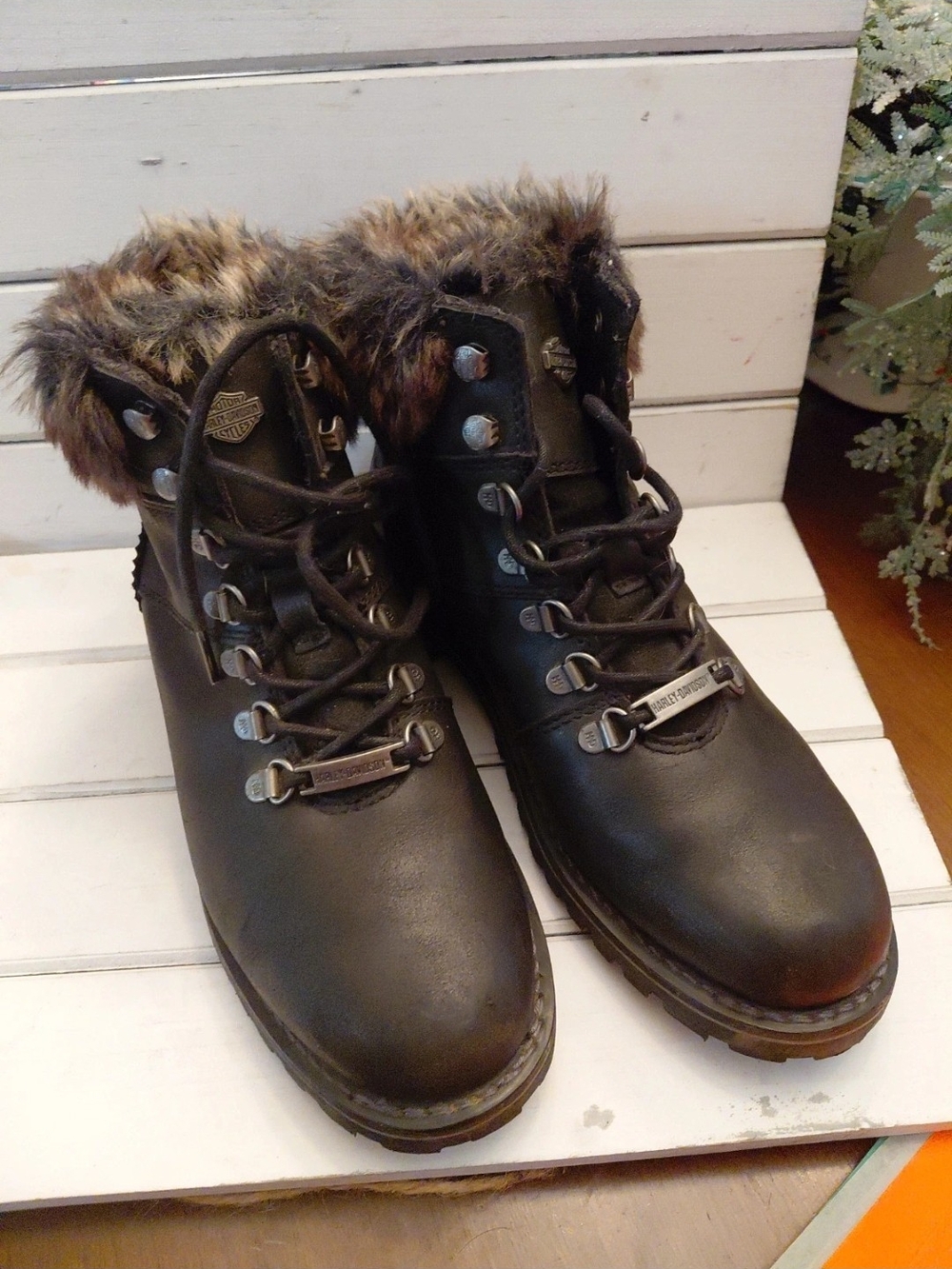 Harley-Davidson Black Women's Lace-Up Faux Fur Trim Hiking Boots